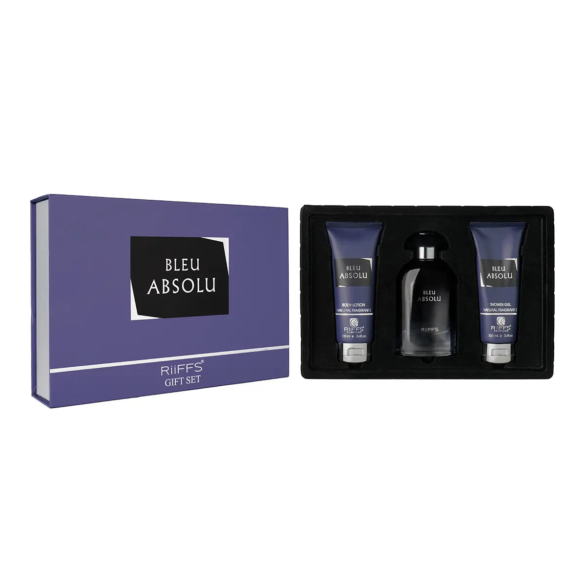 Estuche de regalo de lujo Bleu Absolu con perfume de 100 ml, gel de ducha de 100 ml y loción de 100 ml.