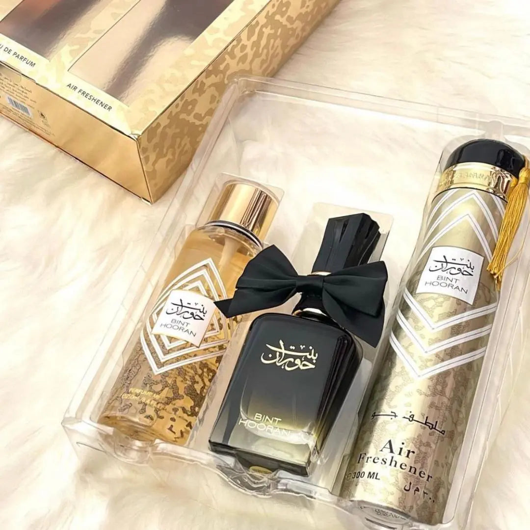 Set de regalo Ard al Zaafran Bint Hooran: perfume de 100 ml, ambientador de 300 ml y bruma de 250 ml para mujer