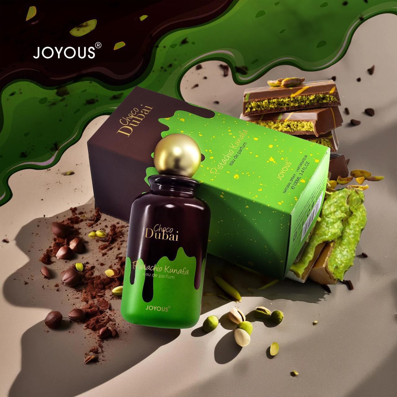 Choco Dubai Pistachio Kunafa Eau de Parfum 100ml β Sweet & Gourmand Perfume for Men and Women | Long-Lasting Arabian Dessert Fragrance by Joyous