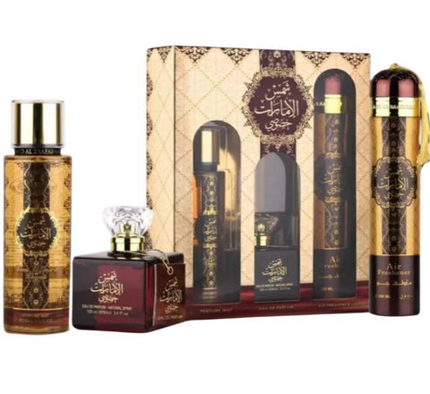 Shams Al Emarat Khususi 3 Piece Gift Set Collection Ard Al Zaafaran with 100ml perfume,250ml mist and 300ml air freshener