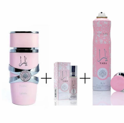 Paquete de perfume Yara Pink (100 ml EDP Spray + 10 ml Roll-on Oil) + Ambientador Yara de 300 ml. Regalo perfecto: Fragancia increíble con orquídea dulce, floral, vainilla y almizcle. Perfume para mujer de Lattafa.
