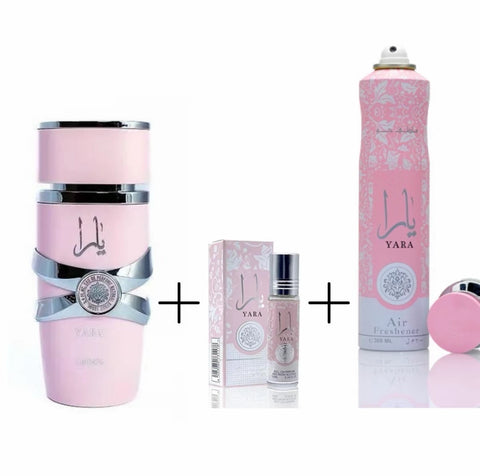 Paquete de perfume Yara Pink (100 ml EDP Spray + 10 ml Roll-on Oil) + Ambientador Yara de 300 ml. Regalo perfecto: Fragancia increíble con orquídea dulce, floral, vainilla y almizcle. Perfume para mujer de Lattafa.