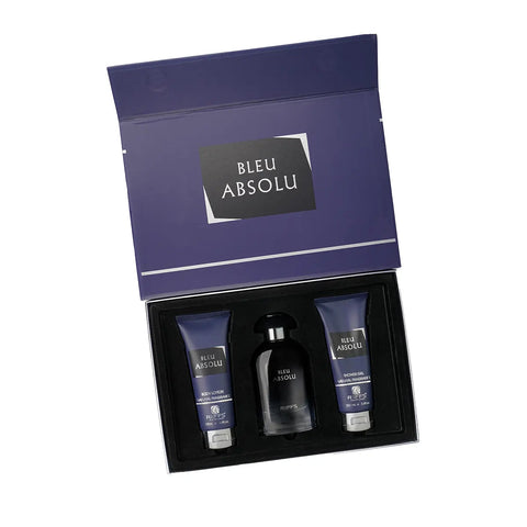 Estuche de regalo de lujo Bleu Absolu con perfume de 100 ml, gel de ducha de 100 ml y loción de 100 ml.