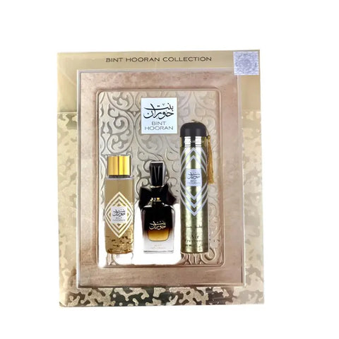 Set de regalo Ard al Zaafran Bint Hooran: perfume de 100 ml, ambientador de 300 ml y bruma de 250 ml para mujer