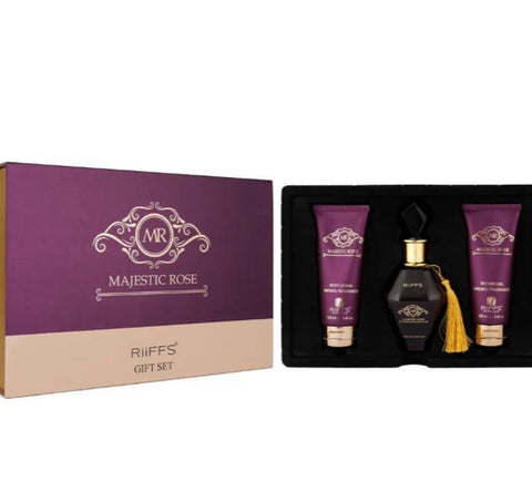 Estuche de regalo de lujo Majestic Rose con perfume de 100 ml, gel de ducha de 100 ml y loción de 100 ml.