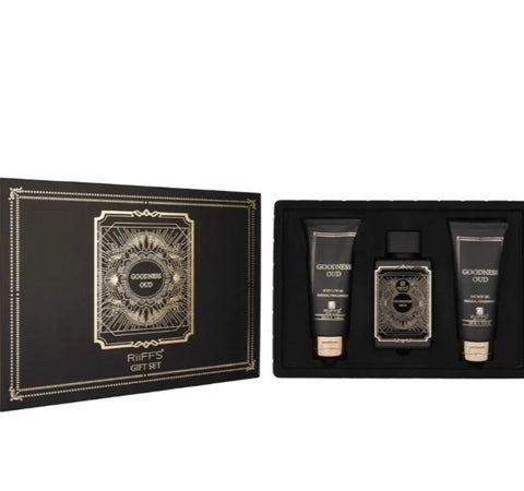 Estuche de regalo de lujo Goodness Oud con perfume de 100 ml, gel de ducha de 100 ml y loción de 100 ml.