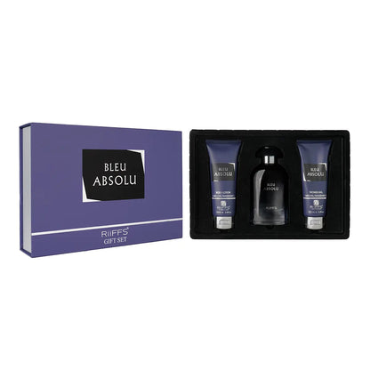 Estuche de regalo de lujo Bleu Absolu con perfume de 100 ml, gel de ducha de 100 ml y loción de 100 ml.