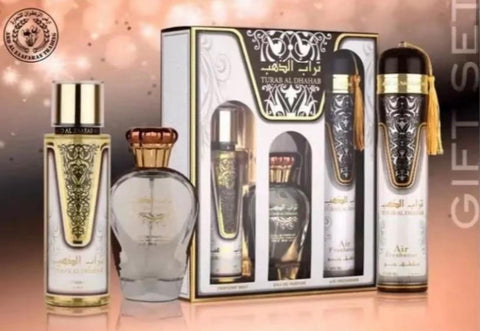 Set de regalo Turab Al Dhahab para mujer de Ard Al Zaafaran: 100 ml de agua de perfume, 300 ml de ambientador y 250 ml de bruma de perfume.