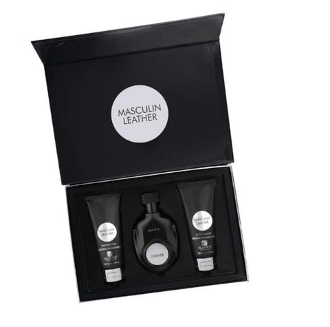 Estuche de regalo de lujo de cuero masculino con perfume de 100 ml | gel de ducha de 100 ml y loción de 100 ml