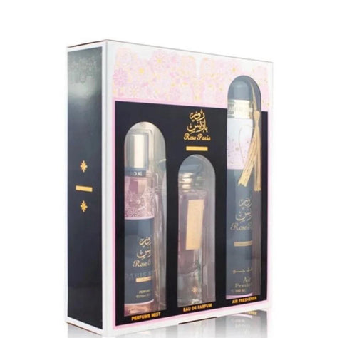 Set de regalo Rose Paris Night 100 ml Edp, ambientador 300 ml, 250 ml de bruma de perfume y 100 ml de eau de parfum floral
