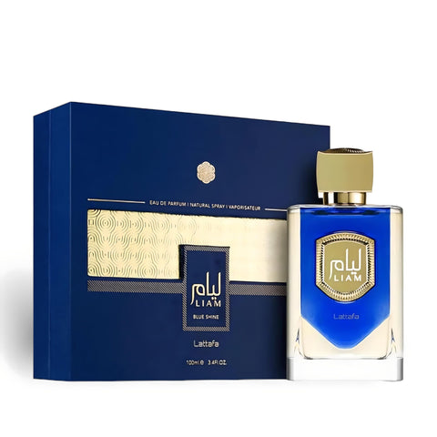 Lattafa Liam Blue Shine Eau de Parfum - Spray de fragancia de lujo unisex de 3.4 oz