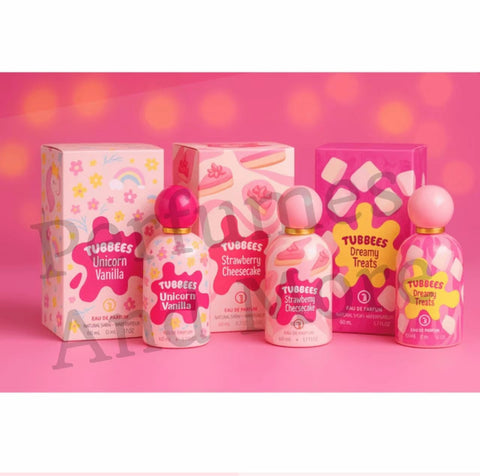 Pack de 3 Tubbees Unicorn Vanilla, Strawberry Cheesecake y Dreamy Treats – Eau de Parfum para mujer (50 ml cada uno)