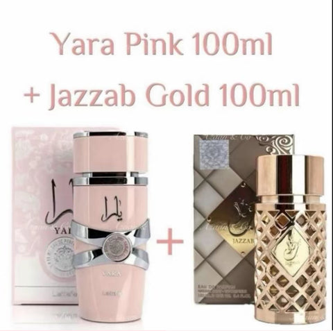 Paquete de perfumes Yara Pink y Jazzab Gold (100 ml cada uno): Fragancia árabe para mujer