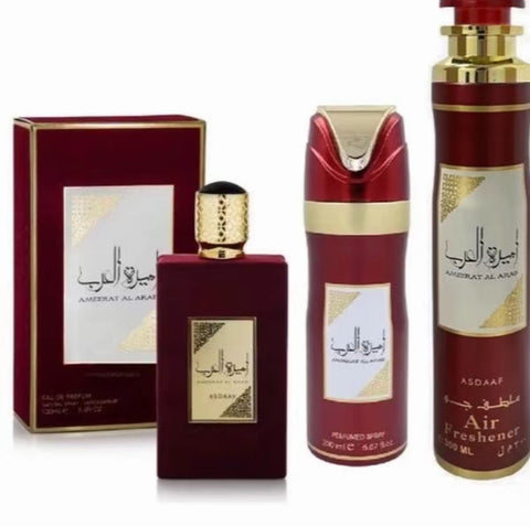 Conjunto combinado Ameerat al Arab | Perfume de 100 ml | Spray corporal de 200 ml | Ambientador de 300 ml para mujer. Un regalo perfecto.
