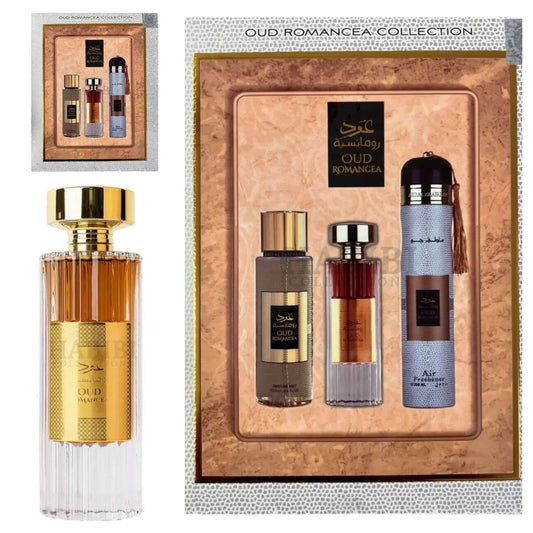 Ard Al Zaafaran Oud Romancea 3 Piece Gift Set: Eau De Parfum 100ml - Perfume Mist 250ml - Air Freshener 300ml