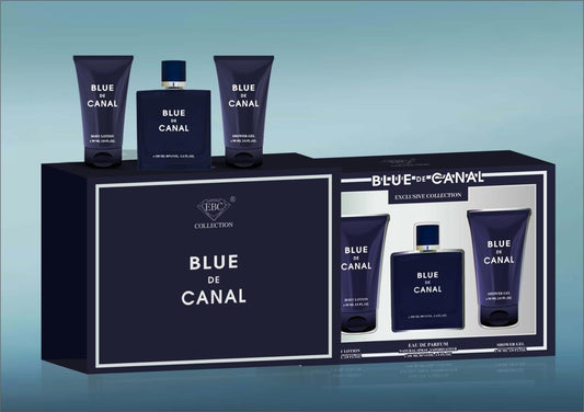 Blue De Canal 100ML EDP Gift Set for Men | Perfume + Shower Gel + Body Lotion by Khalis – Long Lasting